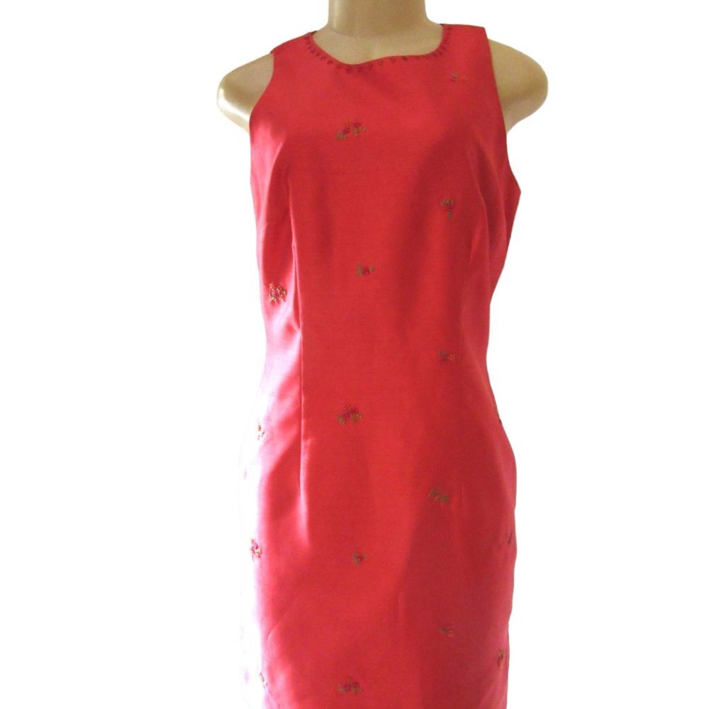Vintage Dawn Joy Beaded Orange/Red Sleeveless Dress in Sz 5/6, Hong Kong Made